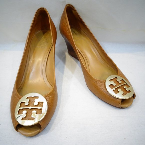 Tory Burch Shoes - TORY BURCH Tan Sally Wedge Heels Peep Toe Shoes